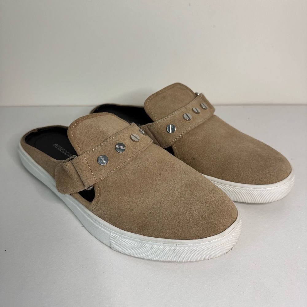 Rebecca Minkoff Tan Suede Mules with Silver Stud Accents | Size 8